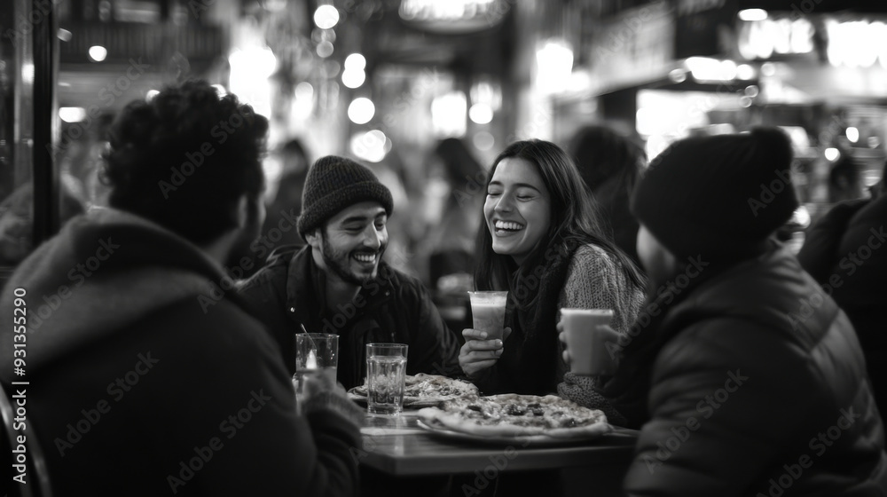 Young men and women from different cultures enjoying Italian pizza, Young men and women from different cultures enjoying Italian pizza,
