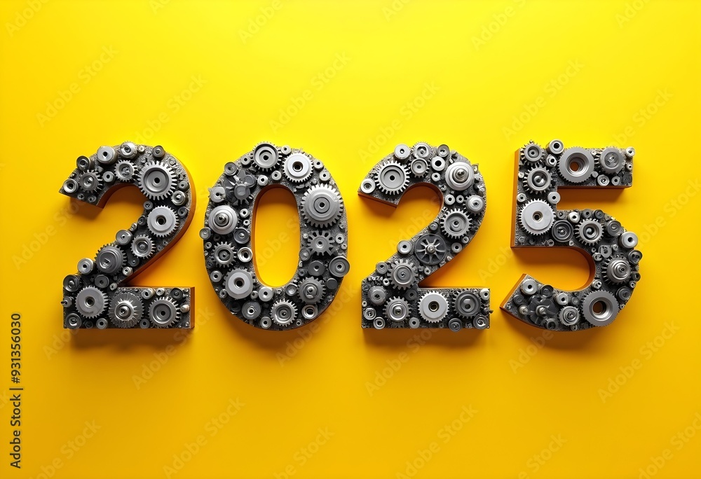 2025 Constructed with Gears and Mechanical Parts on Yellow Background 2025 Constructed with Gears and Mechanical Parts on Yellow Background
