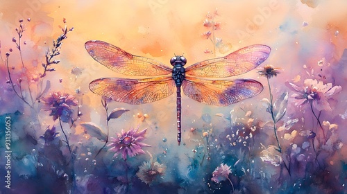 A magical dragonfly fluttering in a pastel fairy garden, watercolor painting, perfect for a child's room, filled with vibrant and dreamy colors
