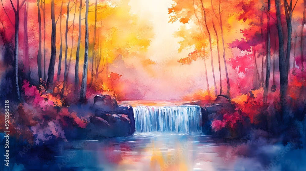Fototapeta premium Gentle waterfall flowing through a colorful forest, pastel watercolor painting, designed for a child's room, creating a calming, vibrant scene
