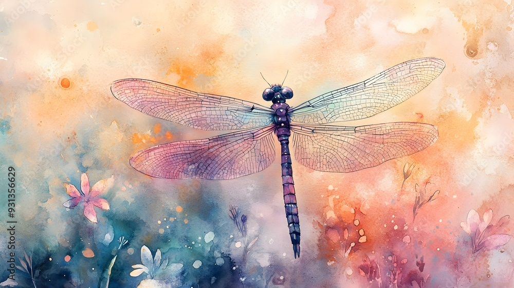 Dragonfly in a whimsical fairy garden, watercolor in pastel tones, ideal for a child's room, creating a mystical and colorful atmosphere Dragonfly in a whimsical fairy garden, watercolor in pastel tones, ideal for a child's room, creating a mystical and colorful atmosphere