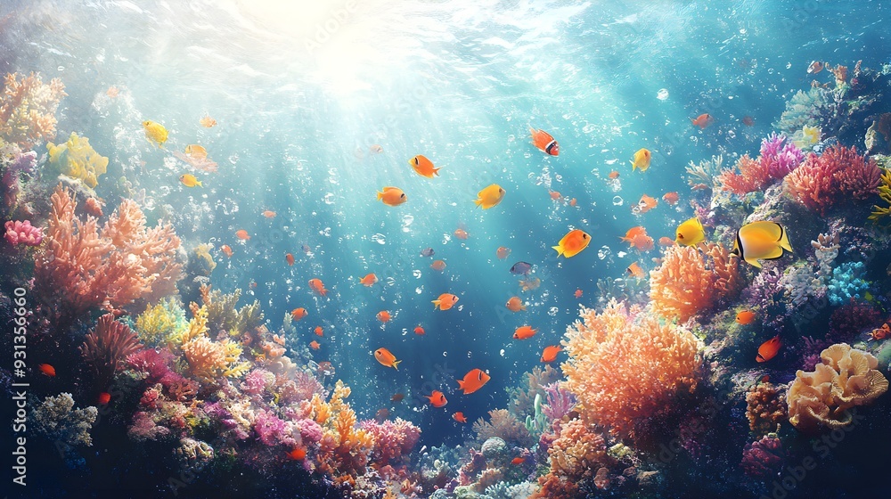 Naklejka premium Pastel-hued coral reef with vivid tropical fish, painted in a soft watercolor style, ideal for a child's room, bursting with underwater beauty