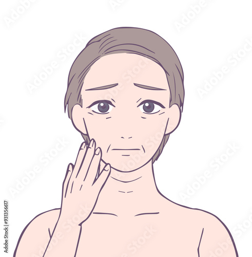 困った顔のミドル女性の上半身、ビューティーイラスト