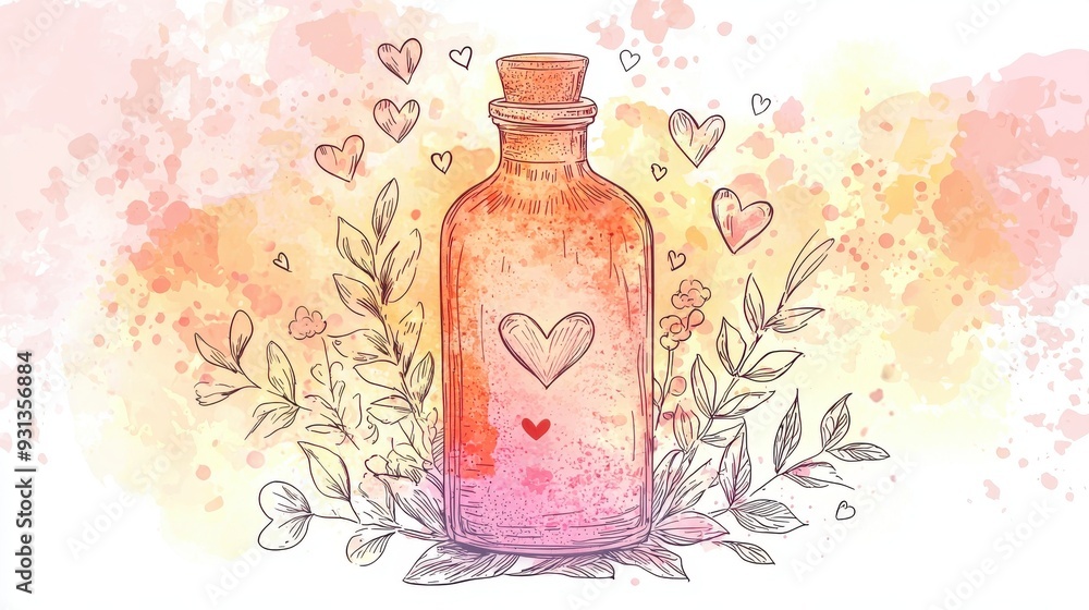 A charming glass bottle with a heart design, surrounded by delicate leaves and pastel hearts, perfect for love-themed projects. A charming glass bottle with a heart design, surrounded by delicate leaves and pastel hearts, perfect for love-themed projects.
