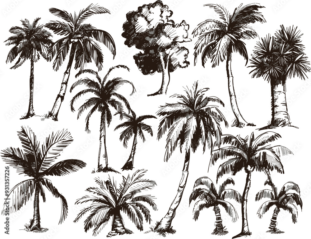 Detailed hand drawn tropical palm trees with ferns and fronds outline. Detailed hand drawn tropical palm trees with ferns and fronds outline.