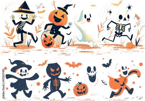 Ghosts, pumpkins, and witches illustrated in vintage style for Halloween.