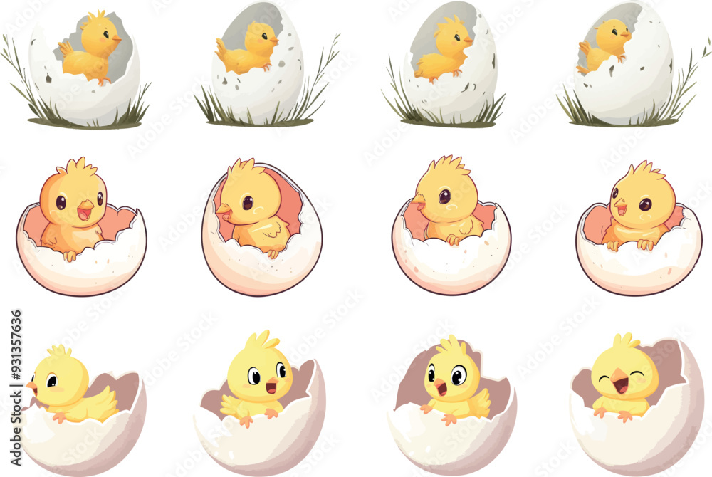 Hatching chickens. New born chicks from cracked shell eggs. Step-by-step process. Hatching chickens. New born chicks from cracked shell eggs. Step-by-step process.