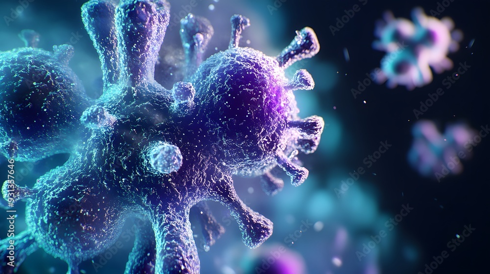 Respiratory Syncytial Virus (RSV) in a Respiratory Tract Setting, hues of blues and purples to represent the airway and the virus's impact on respiratory health Respiratory Syncytial Virus (RSV) in a Respiratory Tract Setting, hues of blues and purples to represent the airway and the virus's impact on respiratory health