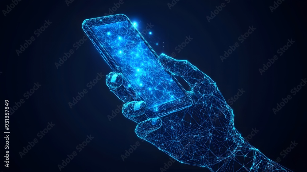 technology in electronics, digital blue low poly hand holding a smartphone with glowing data streams, ai in mobile applications, virtual assistants, communication platforms ,connectivity technology in electronics, digital blue low poly hand holding a smartphone with glowing data streams, ai in mobile applications, virtual assistants, communication platforms ,connectivity