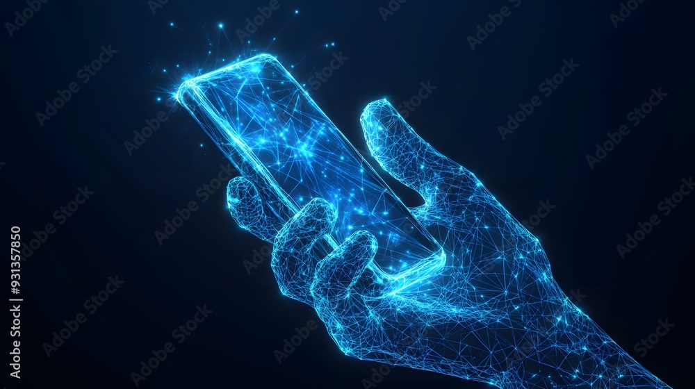 technology in electronics, digital blue low poly hand holding a smartphone with glowing data streams, ai in mobile applications, virtual assistants, communication platforms ,connectivity technology in electronics, digital blue low poly hand holding a smartphone with glowing data streams, ai in mobile applications, virtual assistants, communication platforms ,connectivity