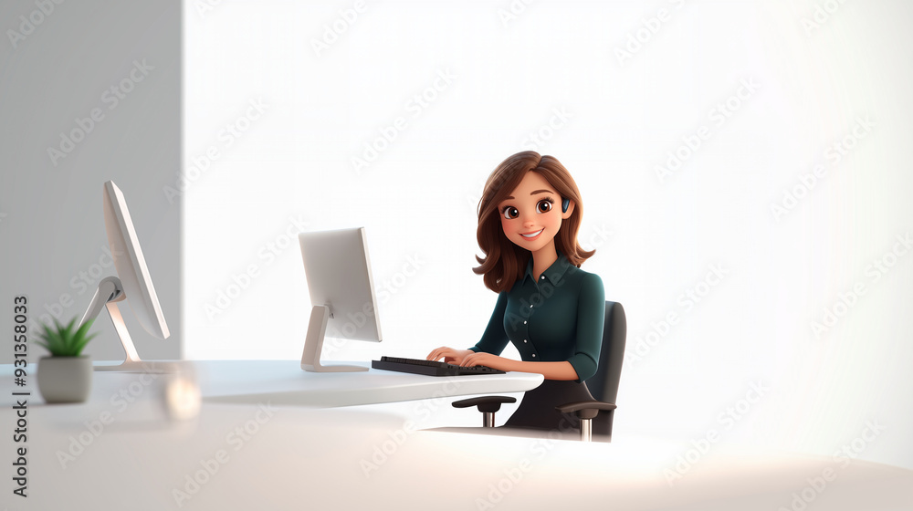 A 3D isometric cartoon depicts a female call center operator with European features, smiling in a light blue blouse and black trousers, working at a computer on a minimalist desk.
A 3D isometric cartoon depicts a female call center operator with European features, smiling in a light blue blouse and black trousers, working at a computer on a minimalist desk.