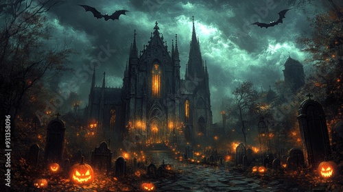 Gothic cathedral with jack-o'-lanterns and lightning