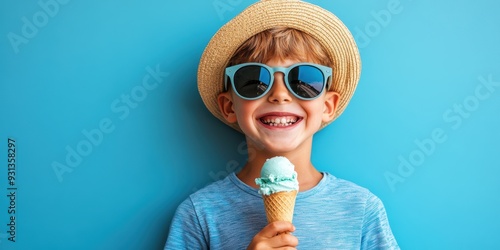 Close-up of a child with sunglasses and a sun hat enjoying a large ice cream cone on a sunny day, with the blue sky in the background.