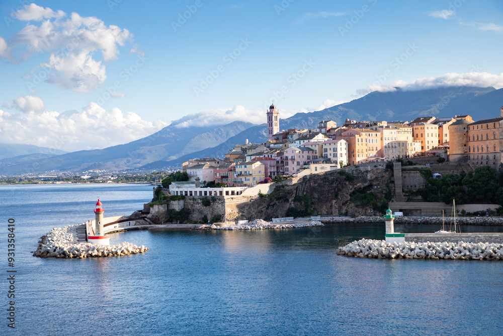 Fototapeta premium panoramic summer cityscape of Bastia. Stunning afternoon view of Corsica island, France, Europe. Bright Mediterranean seascape