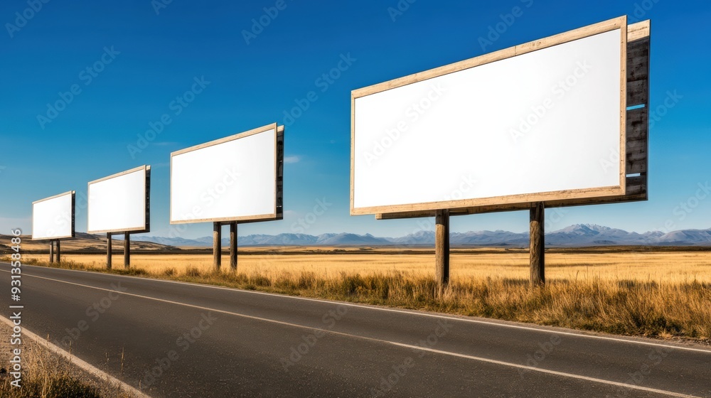 A row of blank billboards on a rural road with grass, AI A row of blank billboards on a rural road with grass, AI