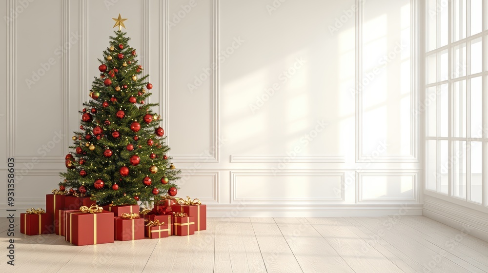 Minimalist Christmas tree with red and gold ornaments and presents in a bright, white room. Modern holiday decor concept. Minimalist Christmas tree with red and gold ornaments and presents in a bright, white room. Modern holiday decor concept.