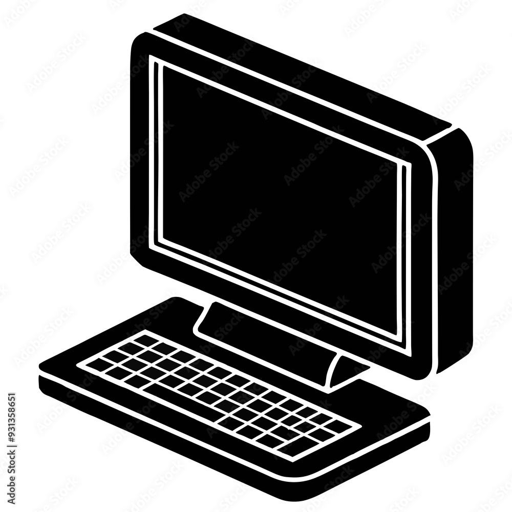 Fototapeta premium Desktop Computer Icon in Black and White, Technology Silhouette
