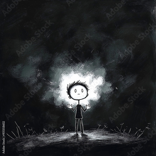 Cartoon Style Illustration of a Boy Standing Outdoors at Night With His Hands Raised