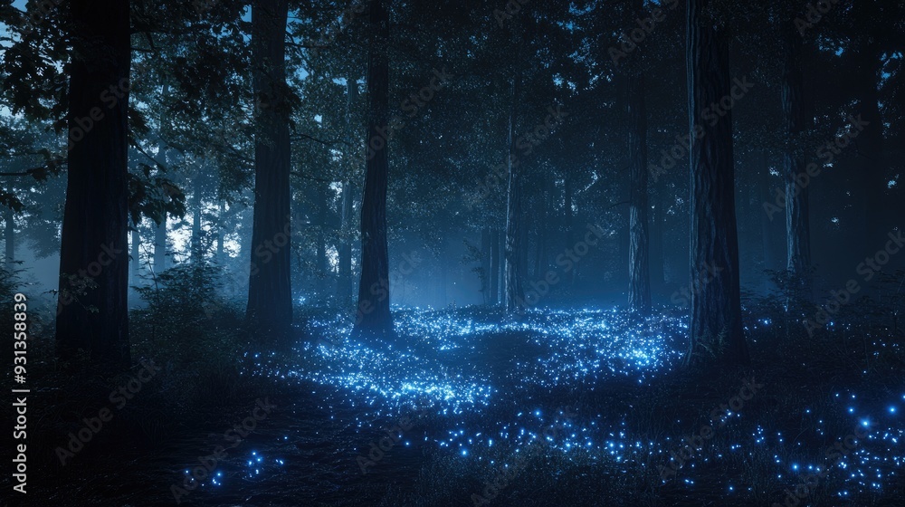 Fototapeta premium Dark forest lit by blue glowing lights on the forest floor.