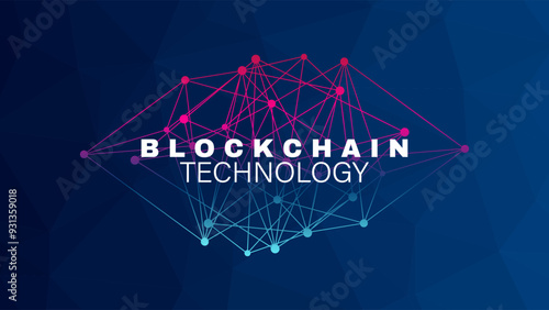 Blockchain technology.  Network vector background. Abstract triangle magenta blue gradient pattern. Decentralization. Design element