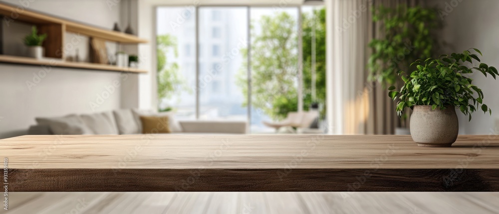 Fototapeta premium Wooden Tabletop with Blurred Background of a Modern Living Room