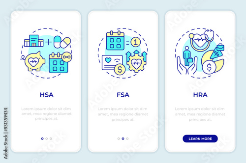 Types of health accounts onboarding mobile app screen. Walkthrough 3 steps editable graphic instructions with linear concepts. UI, UX, GUI template. Montserrat SemiBold, Regular fonts used