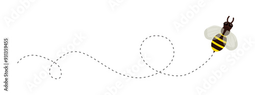 Bee flying doted path, line way. Bumblebee fly route journey for travel. Honey product design, Bee with cute wings.