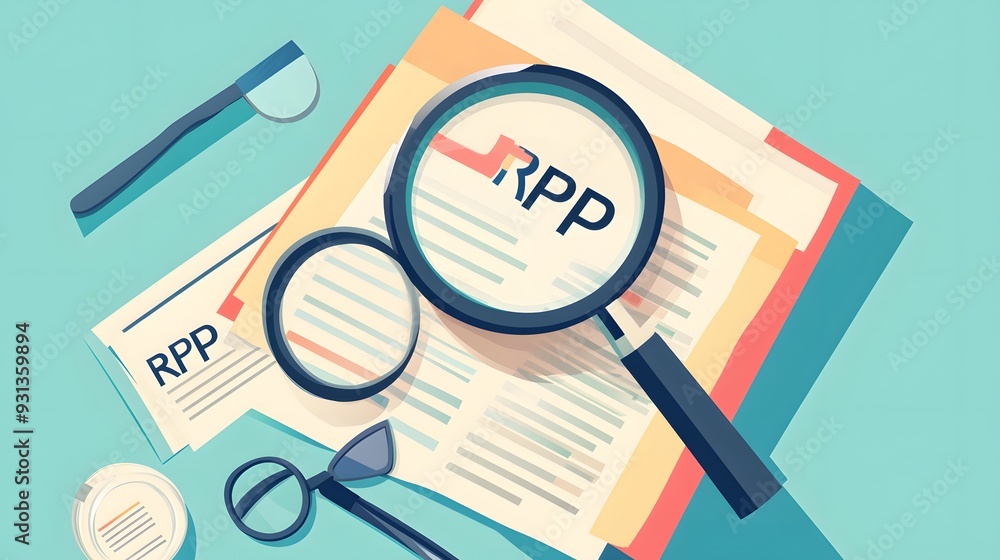 an illustration with the acronym RFP text integrates with an unfolding document, magnifying glasses symbolizing the opening and exploration of proposals an illustration with the acronym RFP text integrates with an unfolding document, magnifying glasses symbolizing the opening and exploration of proposals