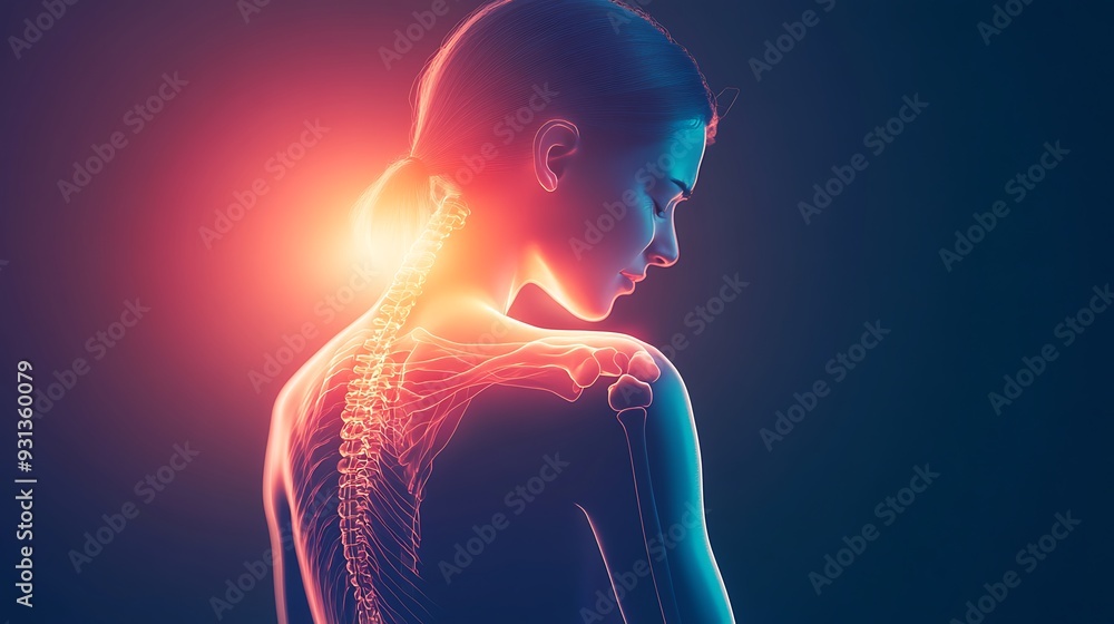 Woman with highlighted spine and shoulder pain. Woman with highlighted spine and shoulder pain.