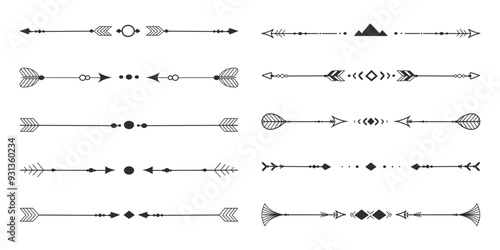 Frame set with tribal native indian arrow, ornament. Border thin line divider decoration with feather, simple motif on white background