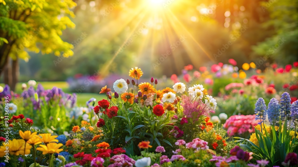 Obraz premium Colorful garden with sunlight and blooming flowers, colorful, garden, sunlight, blooming, flowers, nature, vibrant, outdoors