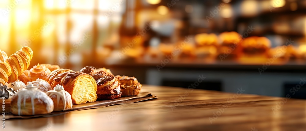 A 3D bakery table with a selection of pastries and soft light, symbolizing a perfect morning in a bakery A 3D bakery table with a selection of pastries and soft light, symbolizing a perfect morning in a bakery