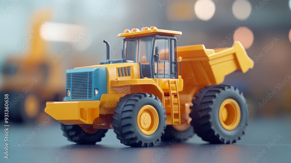 Close-up of a yellow toy construction dump truck with blurred background, representing construction and machinery in a playful manner. Close-up of a yellow toy construction dump truck with blurred background, representing construction and machinery in a playful manner.