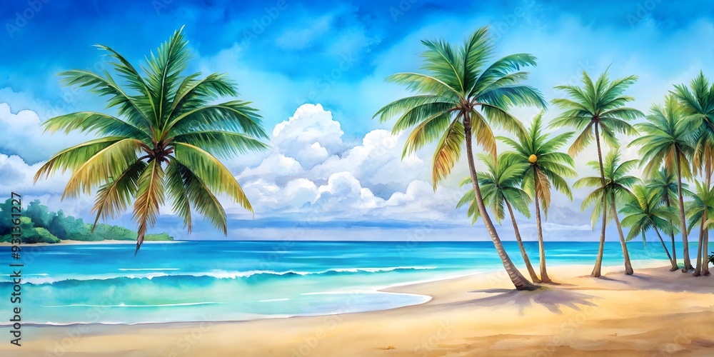Summery landscape with tropical palm trees, vivid blue watercolor, and sandy beach , tropical, summer, landscape, watercolor Summery landscape with tropical palm trees, vivid blue watercolor, and sandy beach , tropical, summer, landscape, watercolor