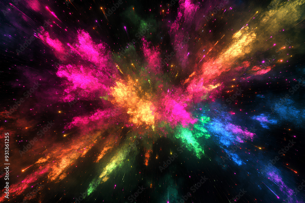 neon chromatic explosion visualized explosion with neon chromatic colors, colorful rainbow paint color powder explosion vector on black background