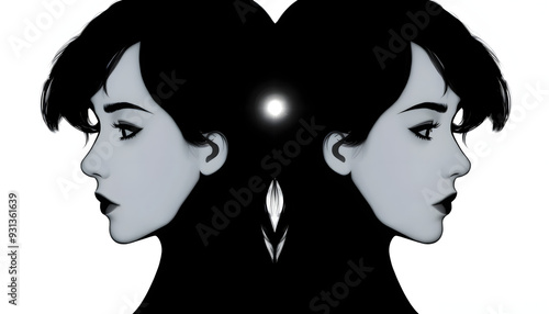 bipolar mental disorder. Double face. Split personality. Conceptual mood disorder. Dual personality concept. 2 silhouettes of a female head. mental health. Imagination isolated with white highlights photo