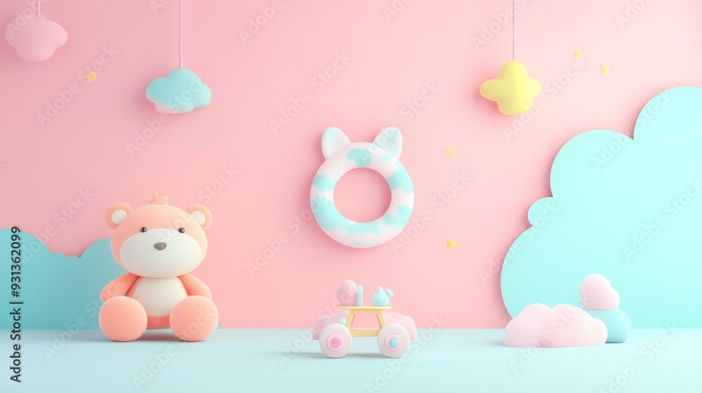 custom made wallpaper toronto digitalCute pastel baby nursery decor with plush teddy bear and toys, perfect for children's room or baby shower themes.