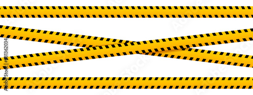 Set of horizontal and crossed caution tapes with attention black and yellow print. Safety borders for barriers in construction work zone or emergency area. Warning stripes. Vector flat illustration.