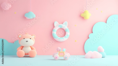 Wallpaper Mural Cute pastel baby nursery decor with plush teddy bear and toys, perfect for children's room or baby shower themes. Torontodigital.ca