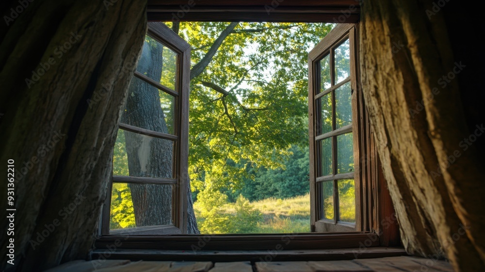 View from a rustic window showcasing lush greenery outside. View from a rustic window showcasing lush greenery outside.