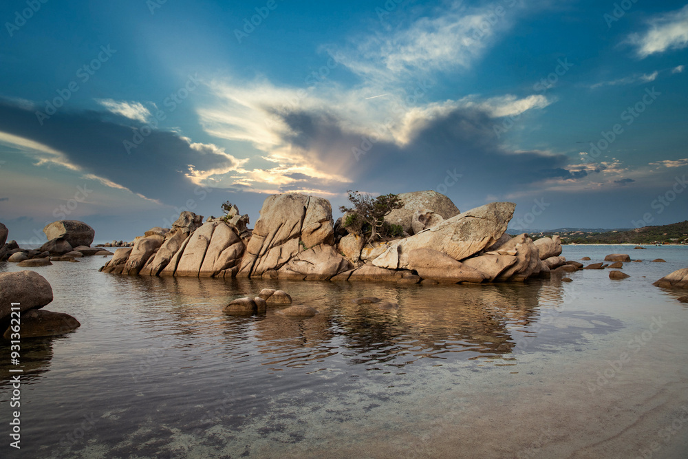 famous Palombaggia beach with rocks at sunset Corsica island France famous Palombaggia beach with rocks at sunset Corsica island France