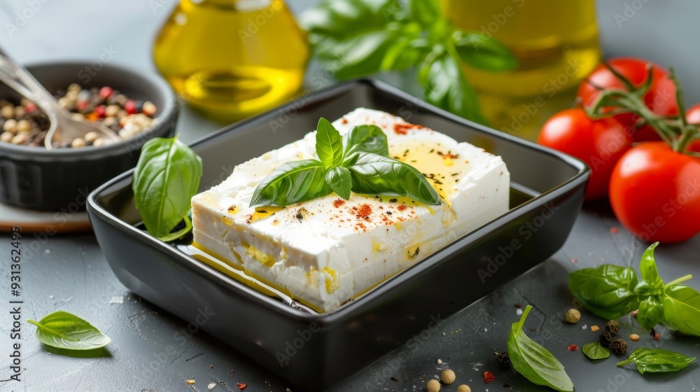 Artistic presentation of baked feta cheese with basil Artistic presentation of baked feta cheese with basil