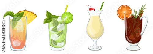Mai tai, mojito, pina colada, gluhwein cocktail glass with alcohol drink. Cartoon vector wineglasses illustration set. Mocktails alcohol-free party. Tableware for restaurant. Transparent glasses.