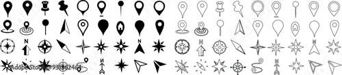 Map icon vector, location marker, navigation symbol, compass rose, and directional arrows for maps, GPS interfaces, and location based application