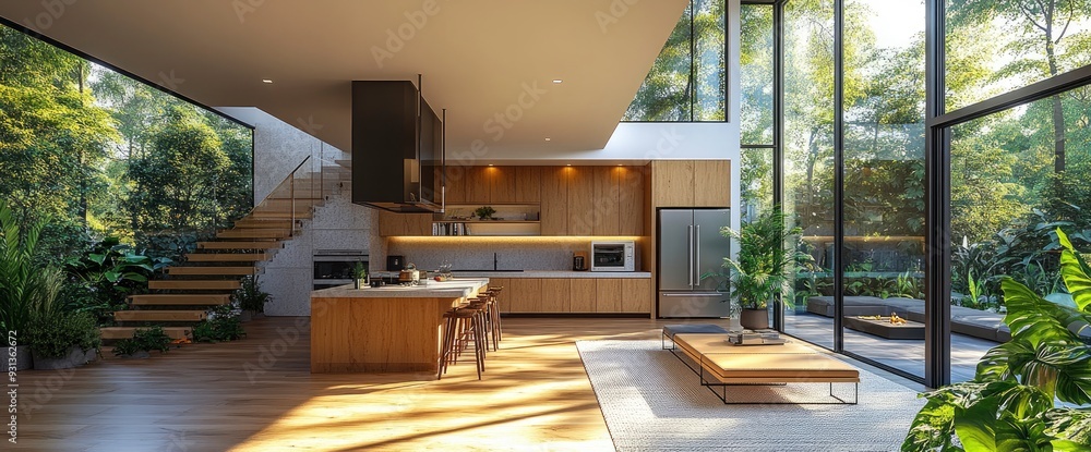 Fototapeta premium Luxury Home Interior With Staircase, Refrigerator