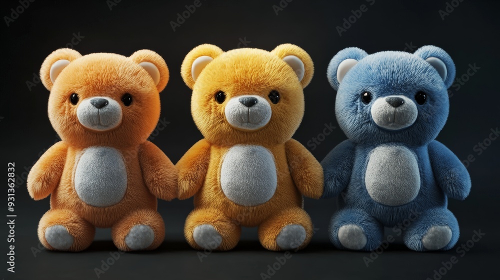 Three colorful teddy bears in a row, holding hands. Dark background enhances their vibrant hues. Perfect for children's content. Three colorful teddy bears in a row, holding hands. Dark background enhances their vibrant hues. Perfect for children's content.