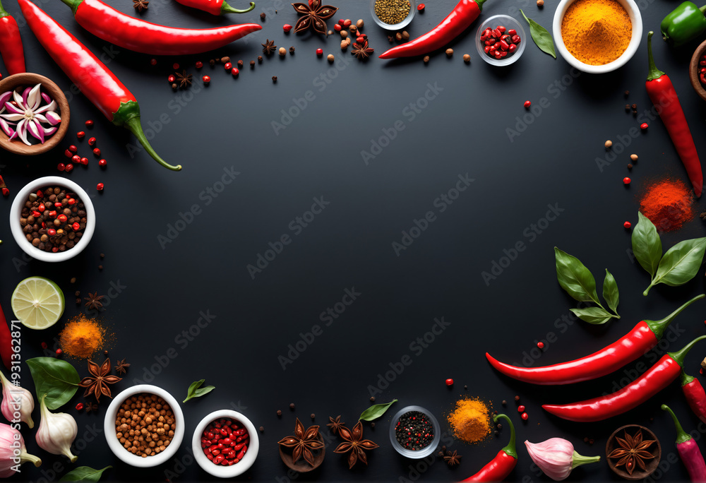 Red hot chili pepper and spices on black background Red hot chili pepper and spices on black background