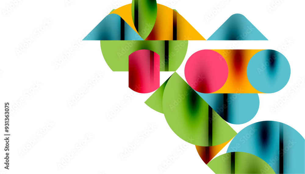 Color beautiful circles, semi circles, squares and round triangles. Geometric mosaic style pattern abstract background for wallpaper, banner, backdrop, card, book Illustration, landing page Color beautiful circles, semi circles, squares and round triangles. Geometric mosaic style pattern abstract background for wallpaper, banner, backdrop, card, book Illustration, landing page