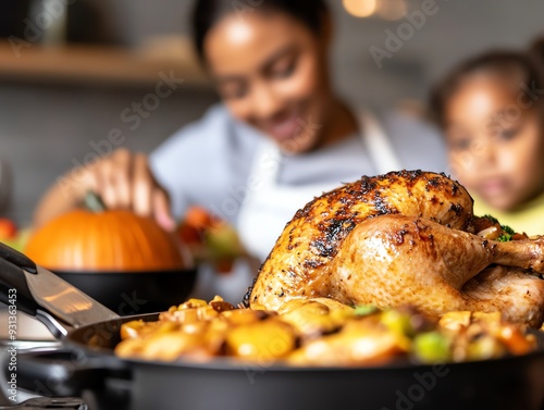 Family cooking together for Thanksgiving, focus on holiday meal prep and togetherness, bustling kitchen photo