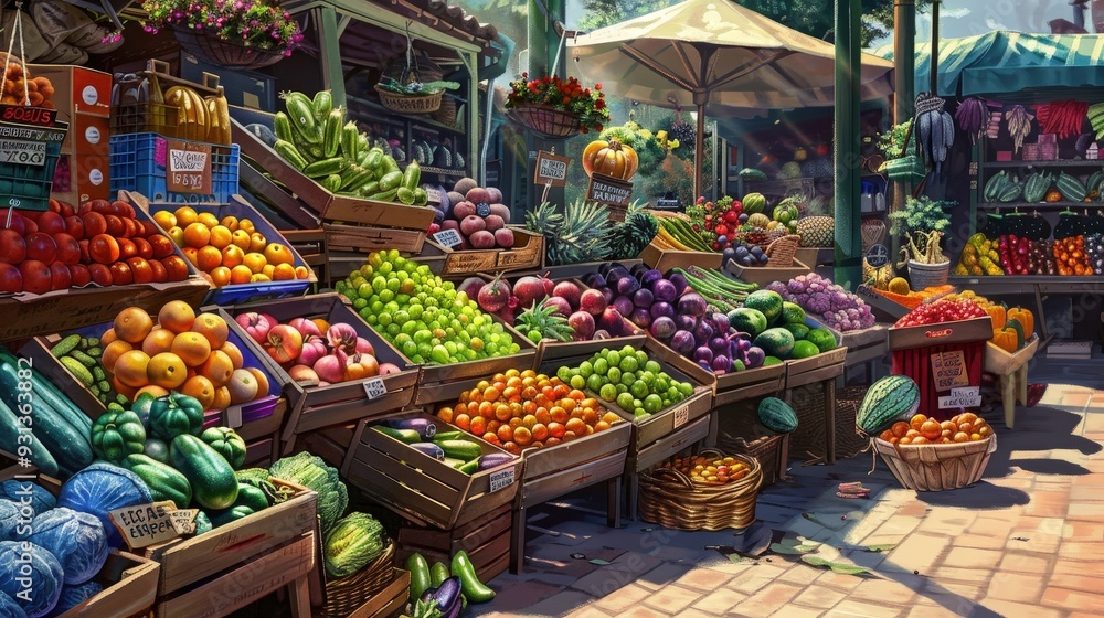 Fototapeta premium Envision a bustling farmers market with colorful stalls brimming with fresh produce.